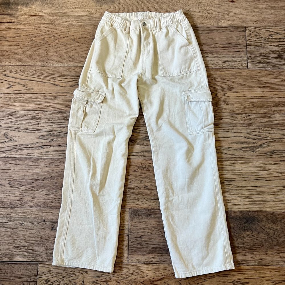 Cream Ivory Beige Y2K Baggy Cargo Pants Denim Jeans Womens S Small